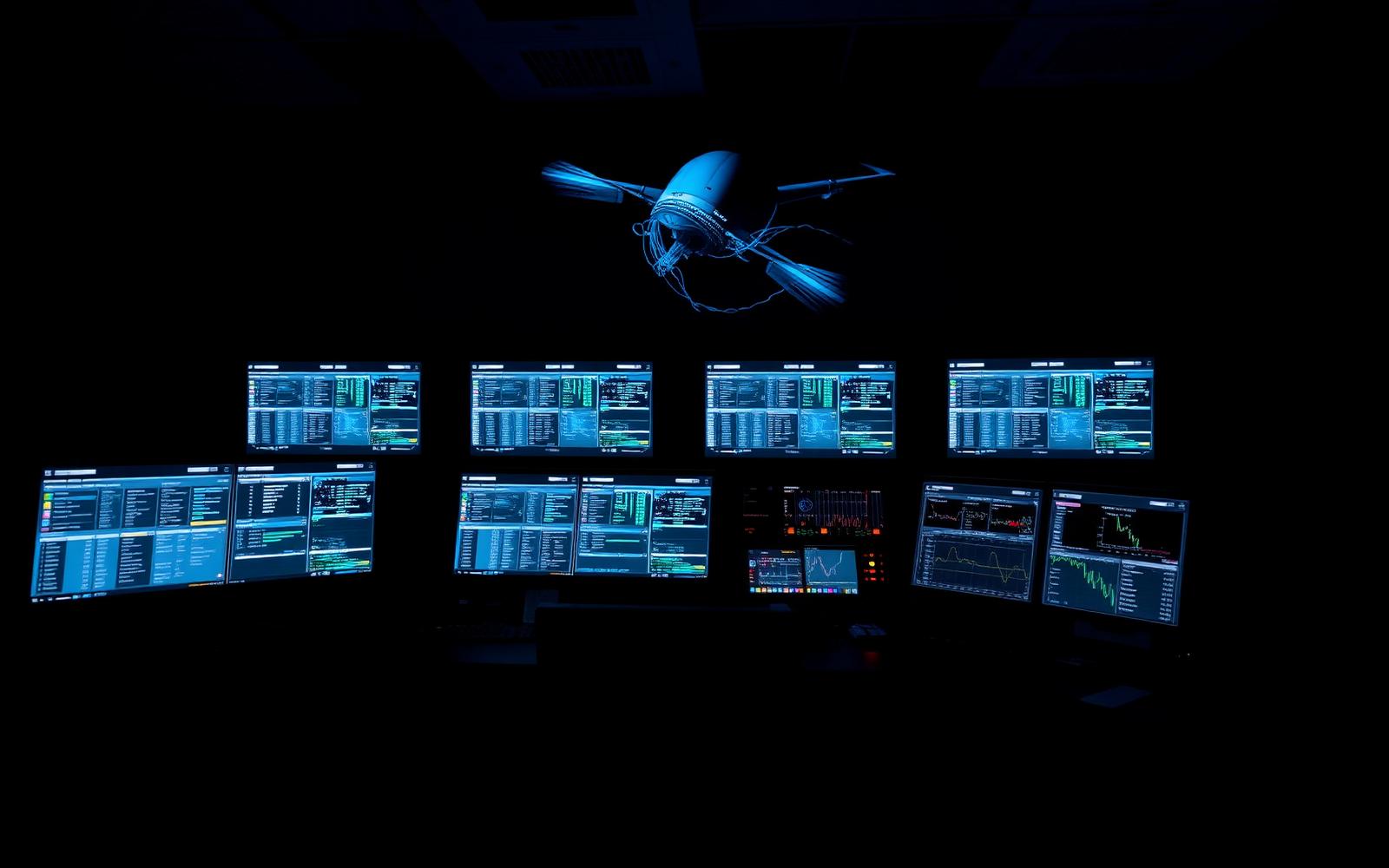 Dark control room with monitors showing venue control interfaces